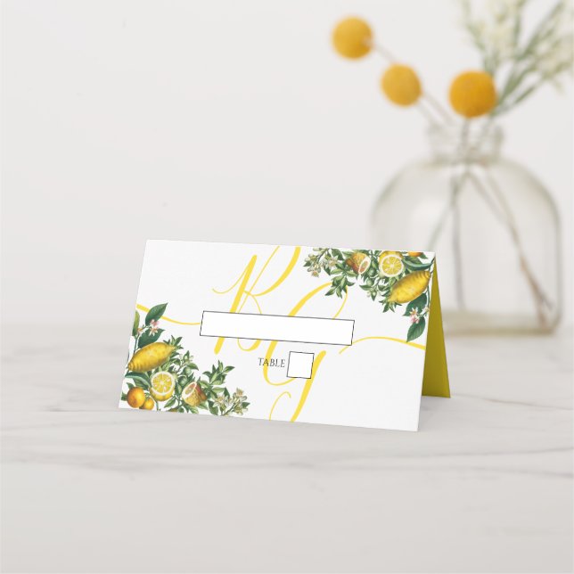 Carte De Placement Citron jaune rustique et feuillage Mariage de verd (Devant)