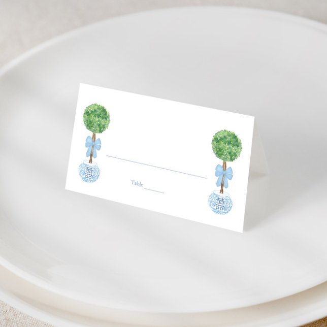 Carte De Placement Classic Pale Blue Bow Boy Baby shower Déjeuner off (Smart boxwood topiary with pale blue bow place cards for wedding shower or baby boy christening)