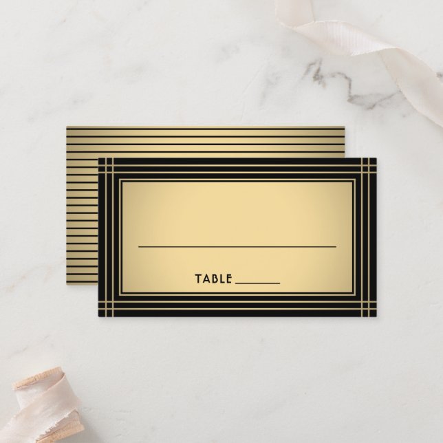 Carte De Placement Classic Striped Border Chic Black & Gold Escort / (Devant/Arrière en situation)