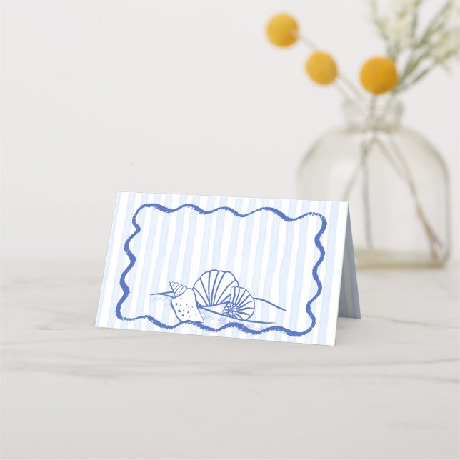 Carte De Placement Coquillages bleu ondulé bordé mariage plage (Devant)