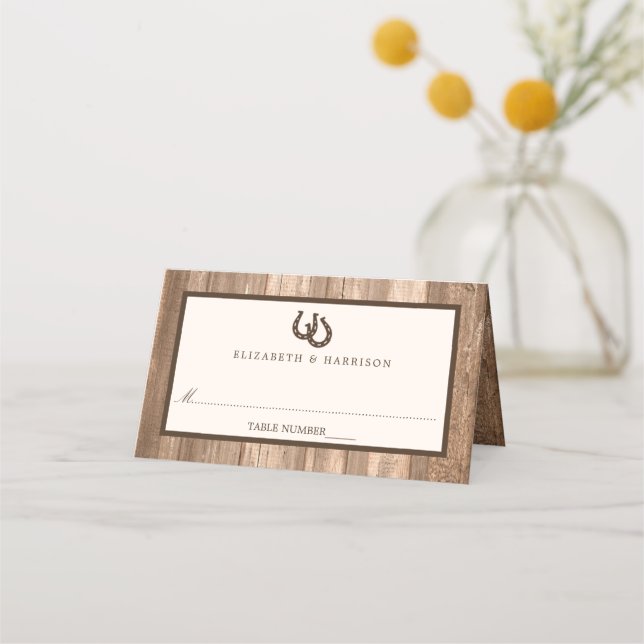Carte De Placement Country Rustic Horseshoe & Brown Wood Mariage (Devant)
