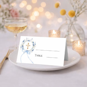 Carte De Placement Couronne florale bleue ruban à nœud papillon doré