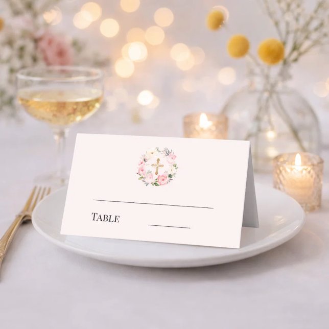 Carte De Placement Couronne florale rose croix dorée baptême (Créateur téléchargé)