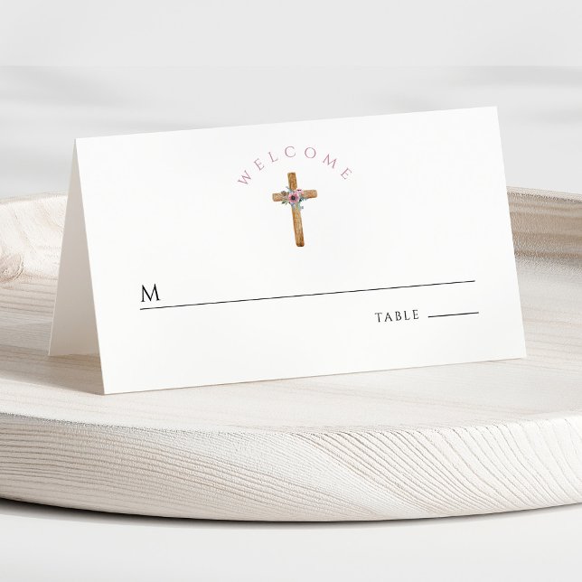 Carte De Placement Croix florale mignonne Première communion fille (Front - Cute Floral Pink Cross Girl First Communion Place Card)