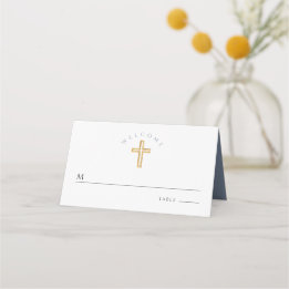 Carte De Placement Croix Religieuse Baptême Garçon Bleu