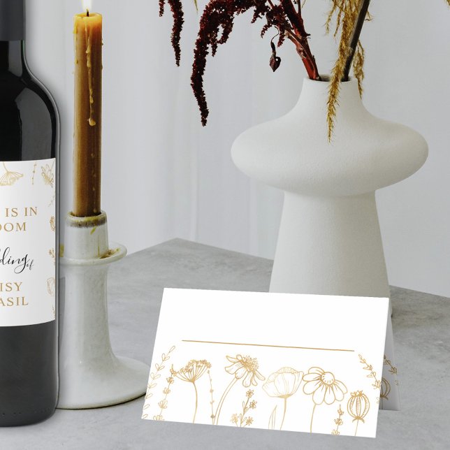 Carte De Placement Croquis Fleur sauvage d'or Simple Floral (Wedding Table Place Card in White & Gold, from my Wildflower Sketch collection)