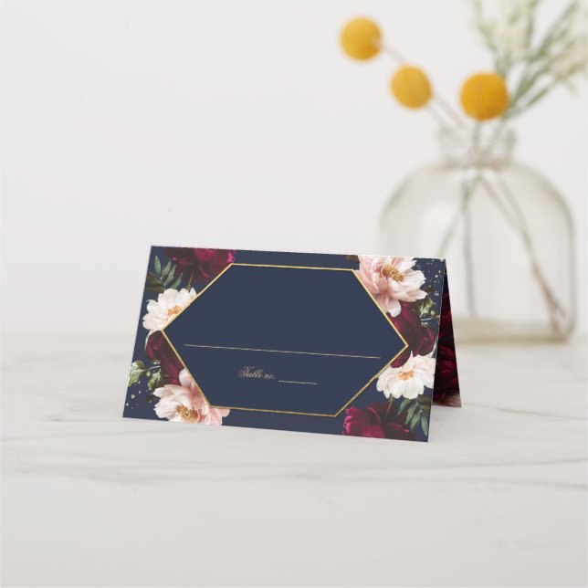 Carte De Placement Dark Navy Bourgogne Blush Peonies Floral Mariage (Devant)