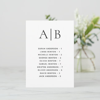 Carte de placement de mariage alphabétique calligr