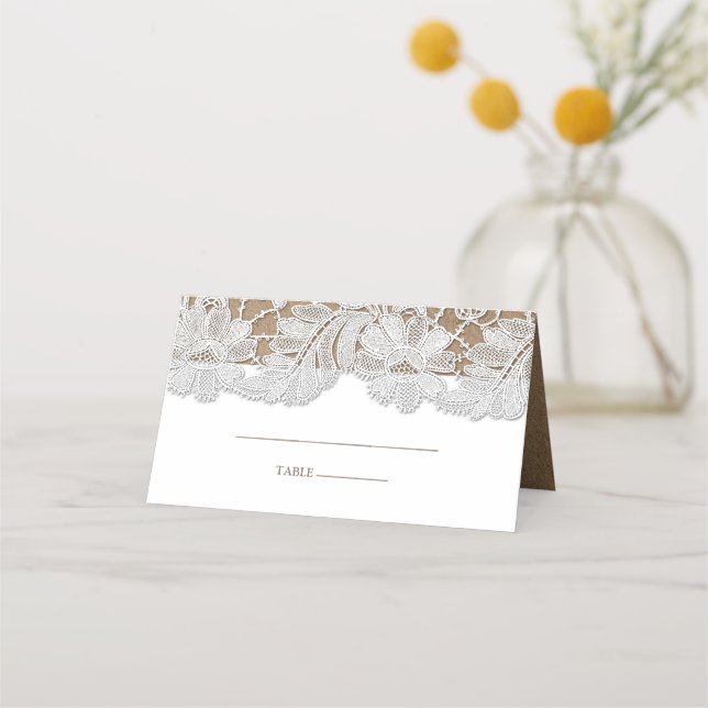 Carte De Placement Dentelle blanche | Kraft Papier Mariage Table Cart (Devant)