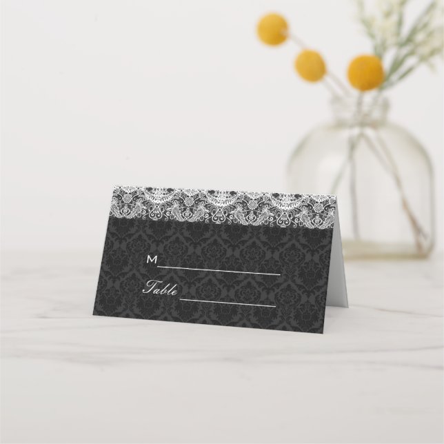 Carte De Placement Dentelle blanche sur Damas noir (Devant)