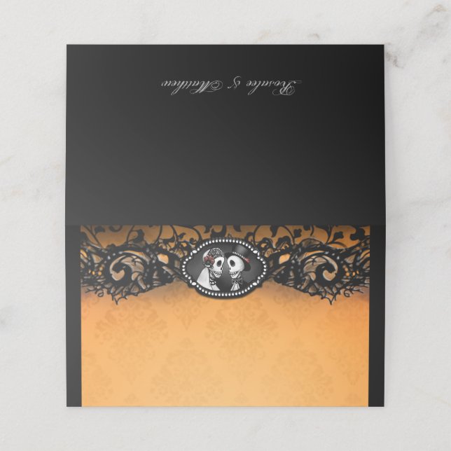 Carte De Placement Dentelle noire orange Elégant Skeletons de Mariage (Extérieur déplié)