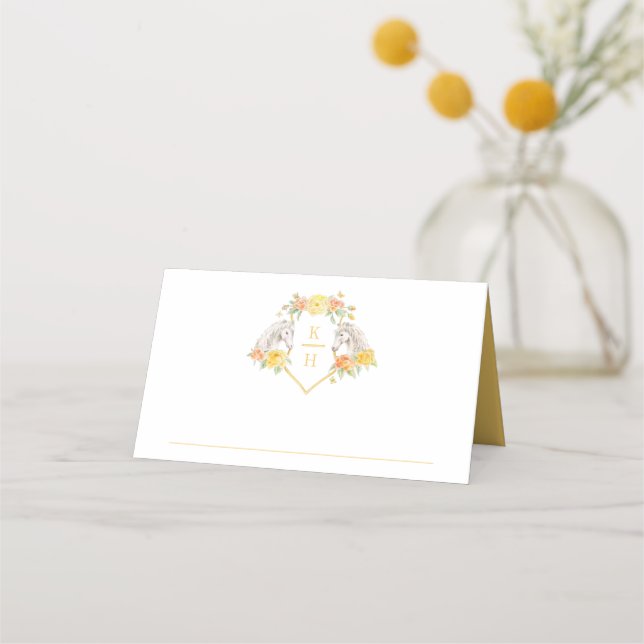 Carte De Placement Deux chevaux gris monogramme jaune blanc mariage (Devant)