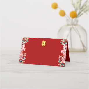 Carte De Placement Double bonheur chinois rouge mariage fleuri rustiq