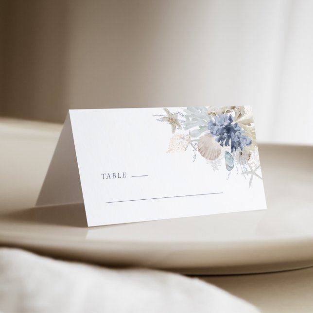 Carte De Placement Dusty Blue Coastal Shell Wedding Place Card (Dusty blue coastal shell wedding place card mockup with watercolor seashells and starfish)