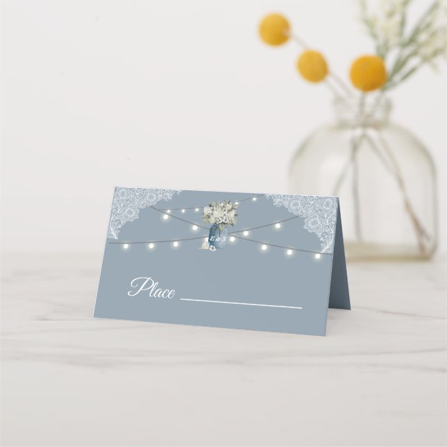 Carte De Placement Dusty Blue Country Combiné Blanc Mariage dentelle (Devant)
