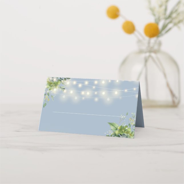 Carte De Placement Dusty Blue Floral Greenery String Mariage (Devant)