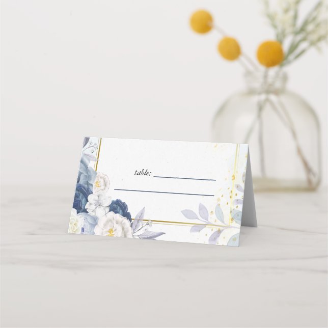 Carte De Placement Dusty Blue Gold Floral Mariage (Devant)