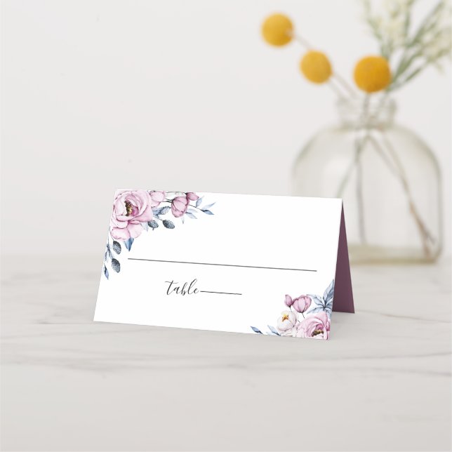 Carte De Placement Dusty Blue Mauve Botanique Floral Mariage (Devant)