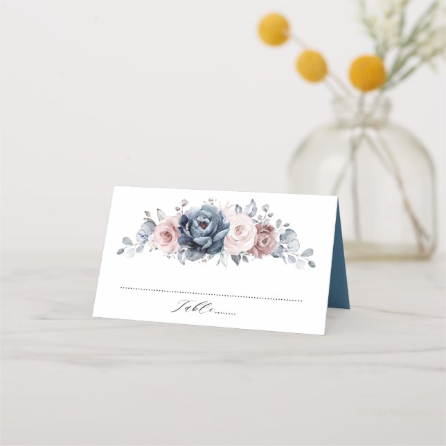 Carte De Placement Dusty Blue Mauve Rose rose ardoise Mariage floral (Devant)
