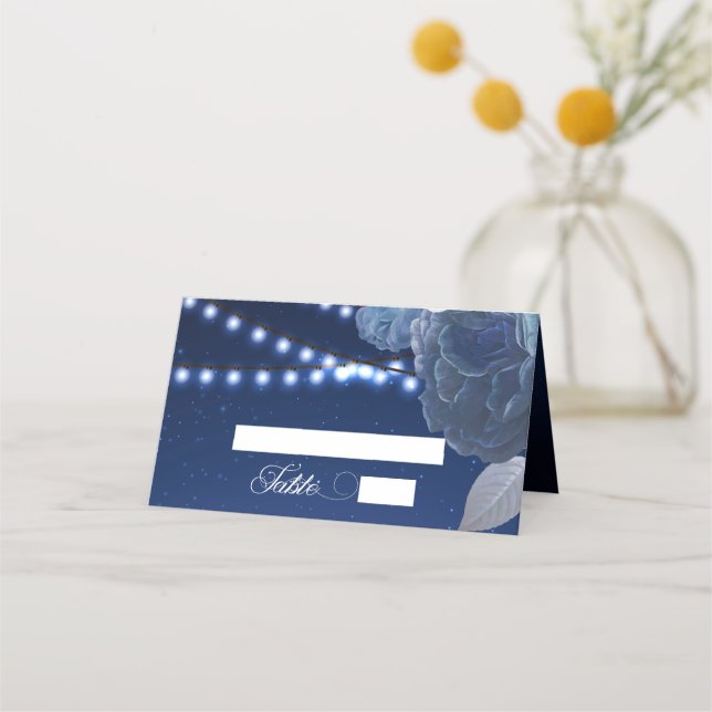 Carte De Placement Éclairage à cordes étoiles Mariage élégant bleu (Devant)