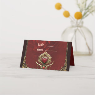 Carte De Placement Élégance en lustre rouge avec un coeur orné.