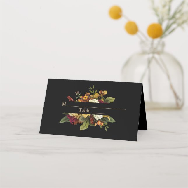 Carte De Placement Elégance Rustique Bouquet Floral Mariage Noir (Devant)