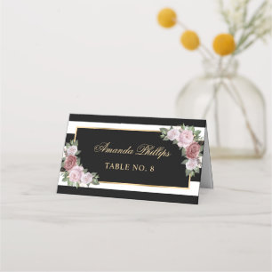 Carte De Placement Élégant Black Blush Gold Floral Mariage