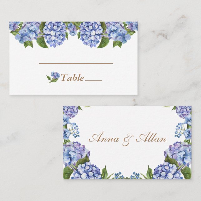 Carte De Placement Elégant bleu Hydrangea Floral Blanc Mariage (Devant / Derrière)