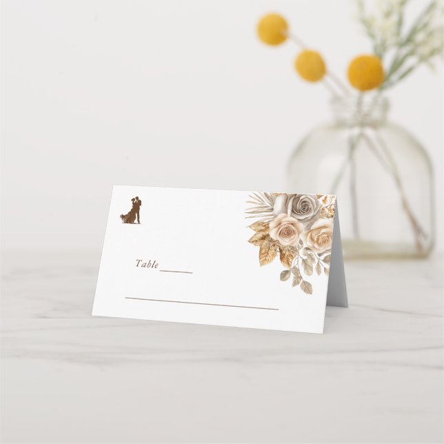 Carte De Placement Elégant Boho Neutre Floral Mariage Numéro de table (Devant)