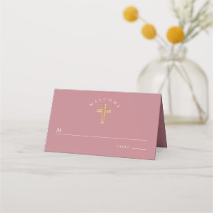 Carte De Placement Élégant culte Croix rose fille Baptême