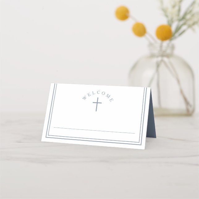 Carte De Placement Elegant Dusty Blue Boy First Holy Communion (Devant)