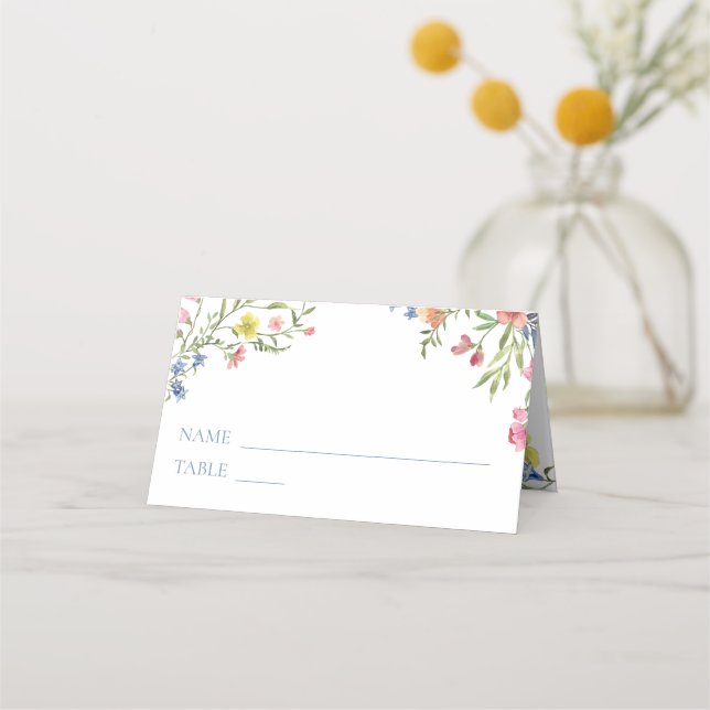 Carte De Placement Elegant Dusty Blue Pastel Wildflower Crest Wedding (Devant)