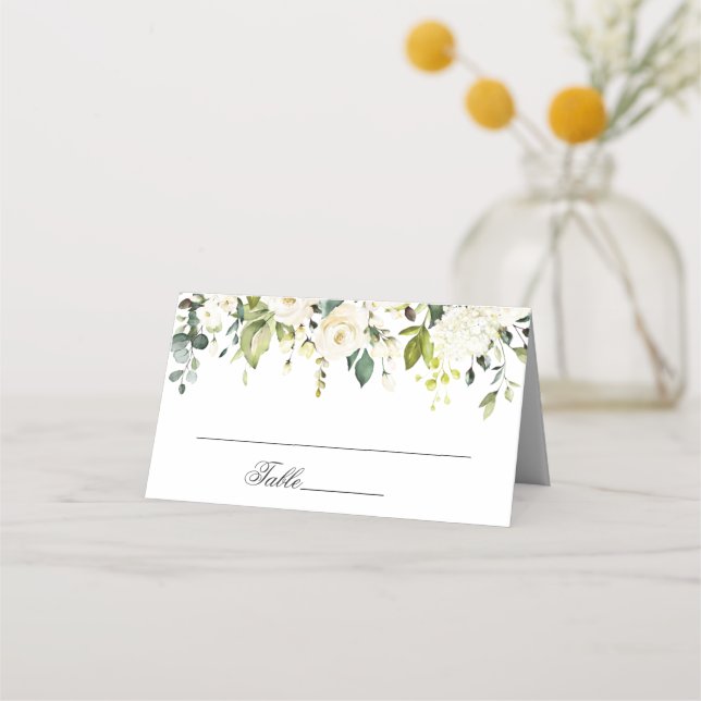 Carte De Placement Elégant Eucalyptus blanc Roses Mariage Table (Devant)