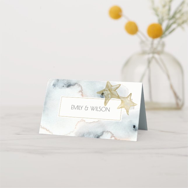 CARTE DE PLACEMENT ÉLÉGANT GOLD DUSKY BLUE BEACHING STARFISH MARIAGE (Dos)