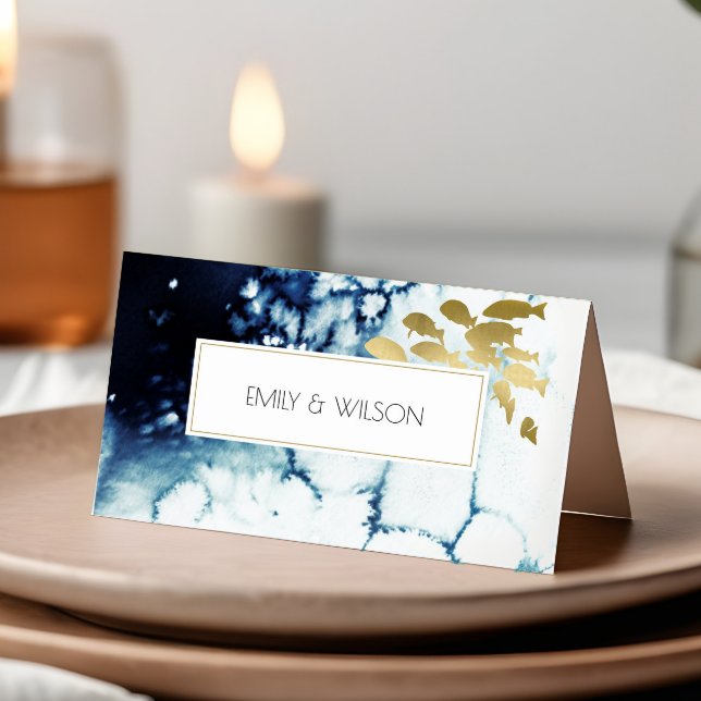 CARTE DE PLACEMENT ELÉGANT GOLD NAVY SOUS L'EAU MARIAGE POISSON DE ME (Créateur téléchargé)