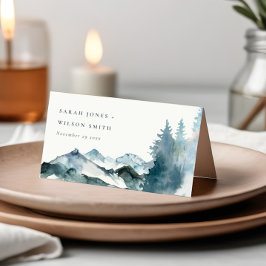 Carte De Placement Elégant gris bleu bleu Montagnes Mariage de pin