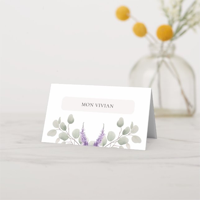 Carte De Placement Élégant Lavande Eucalyptus Nom des Feuilles (Devant)