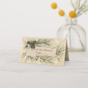 Carte De Placement Elégant Mariage d'hiver Vintage, Pine Cones Scroll