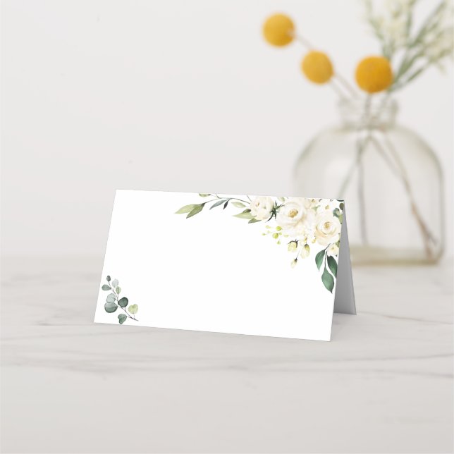 Carte De Placement Élégant Mariage Eucalyptus Roses Blanches (Devant)