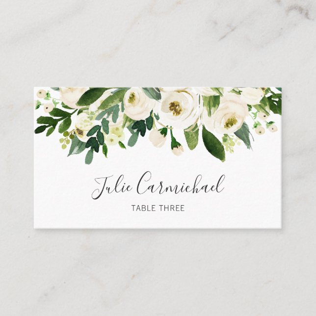 Carte De Placement Elégant Mariage floral blanc aquarelle (Devant)