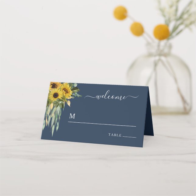 Carte De Placement Elégant Mariage floral bleu marine (Devant)