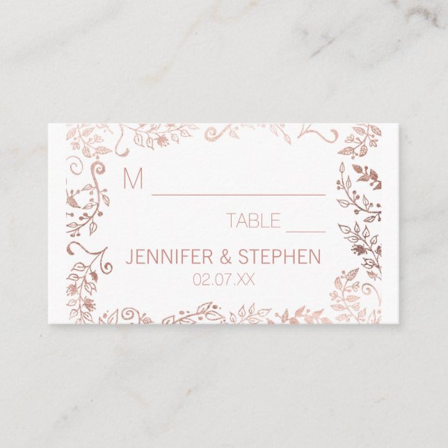 Carte De Placement Élégant Mariage Floral Rose Blanche Or (Devant)