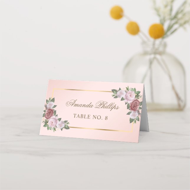 Carte De Placement Élégant Mariage floral rose pâle (Devant)