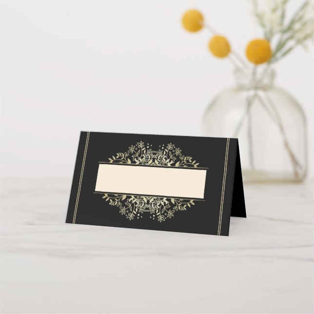 Carte De Placement Élégant Mariage noir et or lin (Devant)