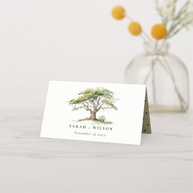 Carte De Placement Elégant minimal vert aquarelle Mariage chêne arbre (Devant)