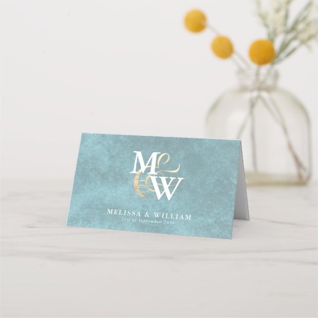 Carte De Placement Elégant Monogram Gold Sea Glass Turquoise White Ma (Devant)