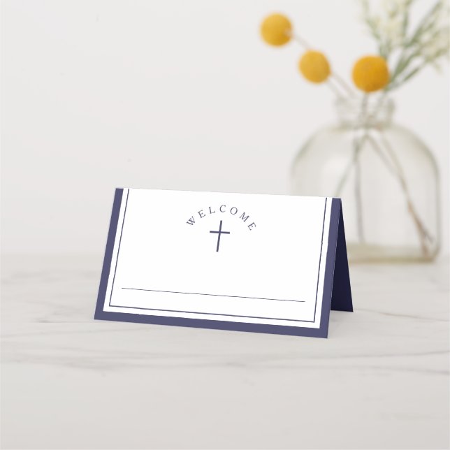 Carte De Placement Elegant Navy Blue Boy First Communion (Devant)
