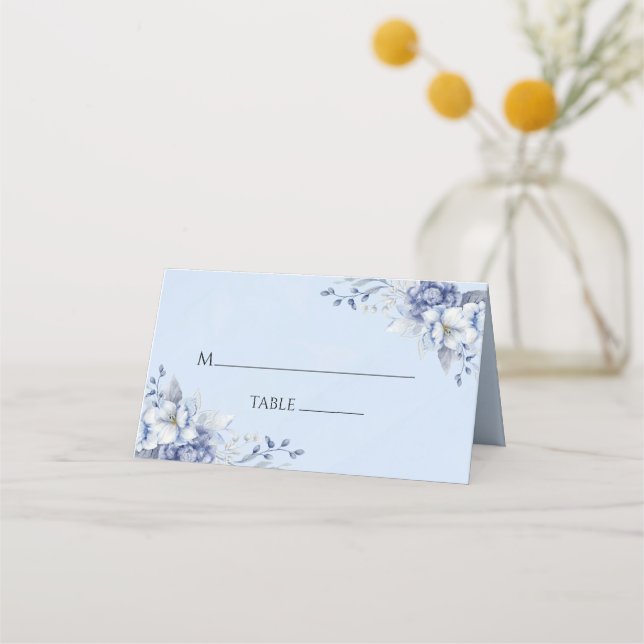 Carte De Placement Élégant poudre bleu et or Mariage floral (Devant)