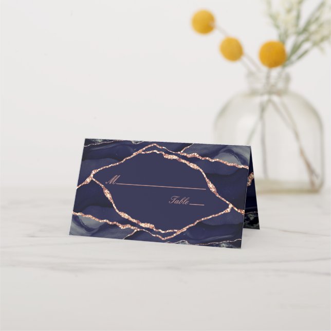 Carte De Placement Élégant Rose bleu marine Mariage d'agate d'or de  (Devant)