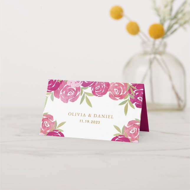 Carte De Placement Élégant rose et violet Rose Floral Feuille Mariage (Devant)
